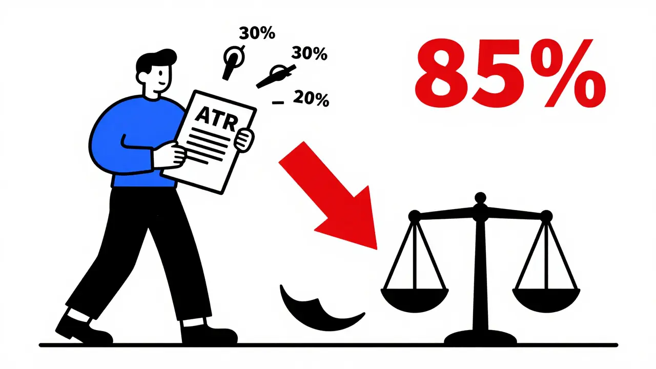 Documento ATR con tre incidenti che sommano all'85%, bilancia rotta e frecce geometriche.