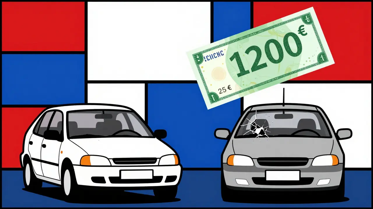 Due auto a confronto: una con costo annuo di 25€, l'altra con fattura da 1200€, stile De Stijl a colori primari.