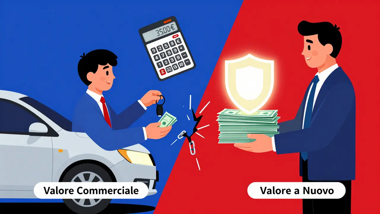Due scene contrapposte: risarcimento limitato vs. rimborso completo dell'auto nuova, con schemi geometrici in stile De Stijl.