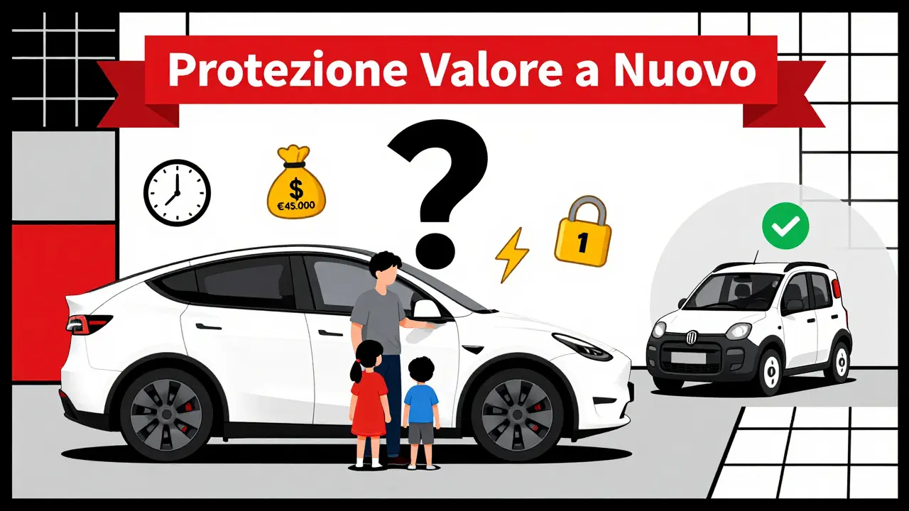 Famiglia davanti a una Tesla con icone di tempo, denaro e finanziamento, in stile geometrico e colori primari.