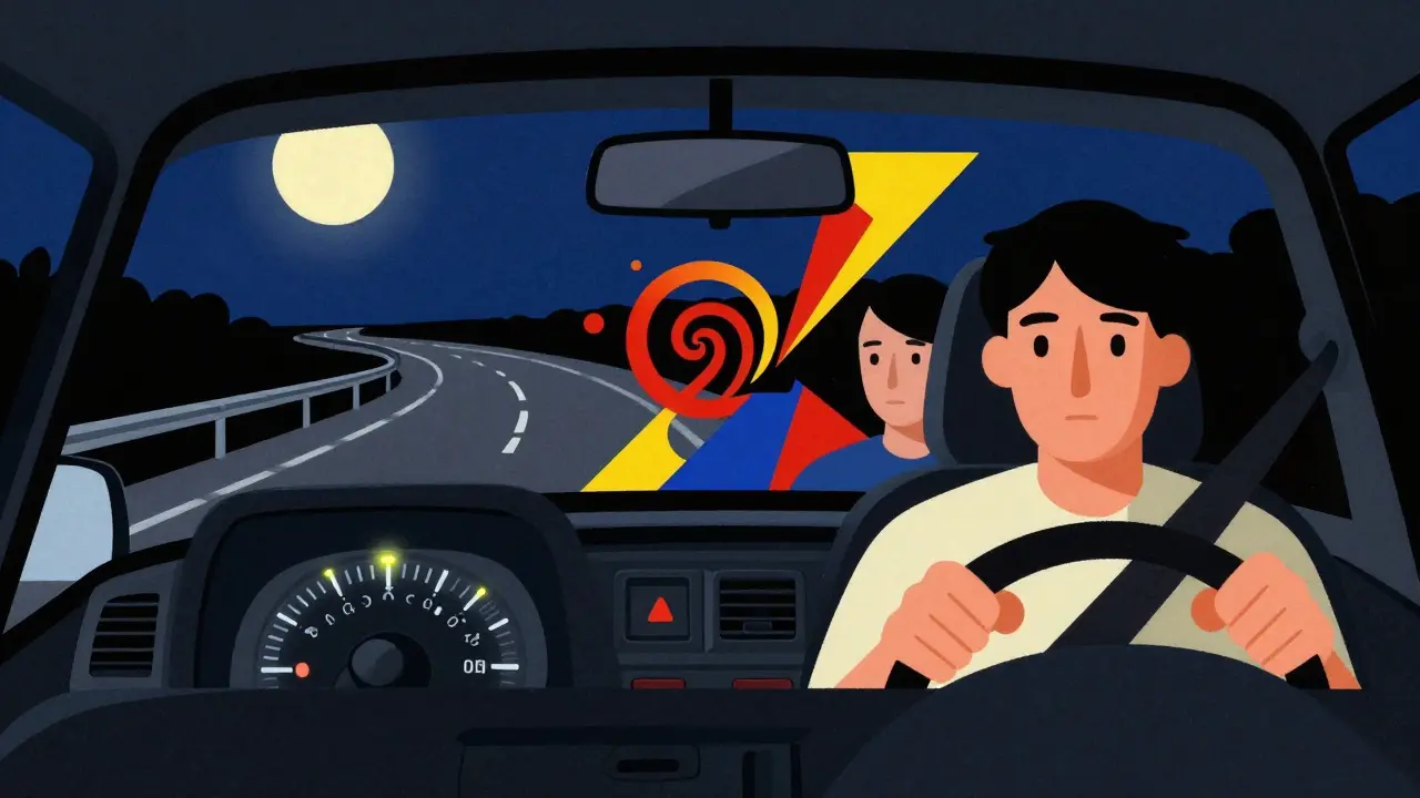 Famiglia in auto di notte con spia ABS accesa, in stile De Stijl con forme geometriche rosse e gialle.
