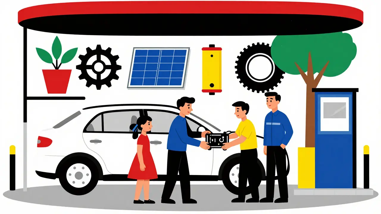 Famiglia italiana che consegna un componente per la rigenerazione in stile De Stijl.