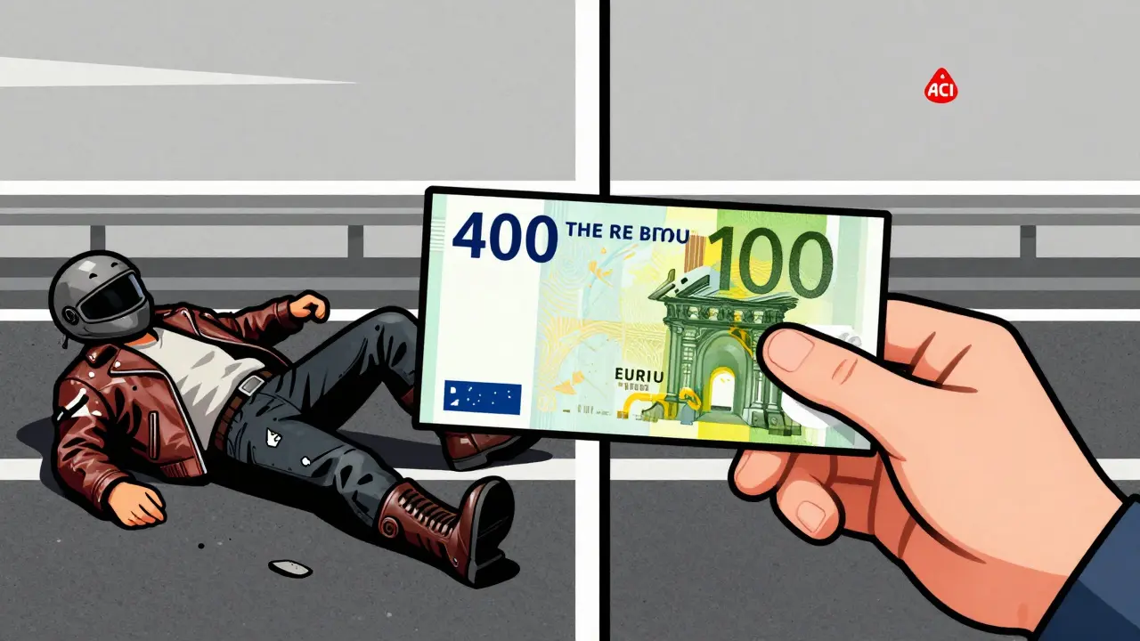 Giacca e stivali da moto danneggiati accanto a un voucher di rimborso di 400 euro, in stile geometrico e monocromatico.