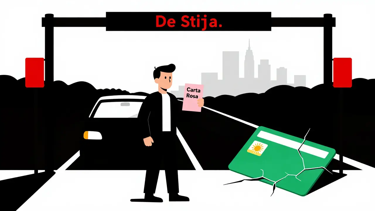 Guidatore alla frontiera statunitense con la carta rosa, stile De Stijl.