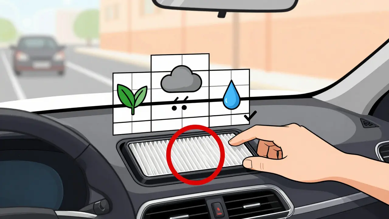 Mano che inserisce un filtro HEPA premium in un'auto, con icone di inquinamento e efficienza in stile De Stijl.