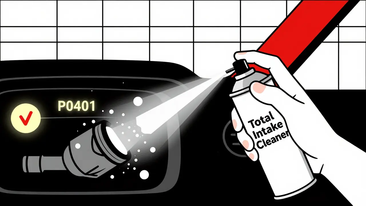 Mano che spruzza detergente sulla valvola EGR, con depositi che si trasformano in forme pulite.