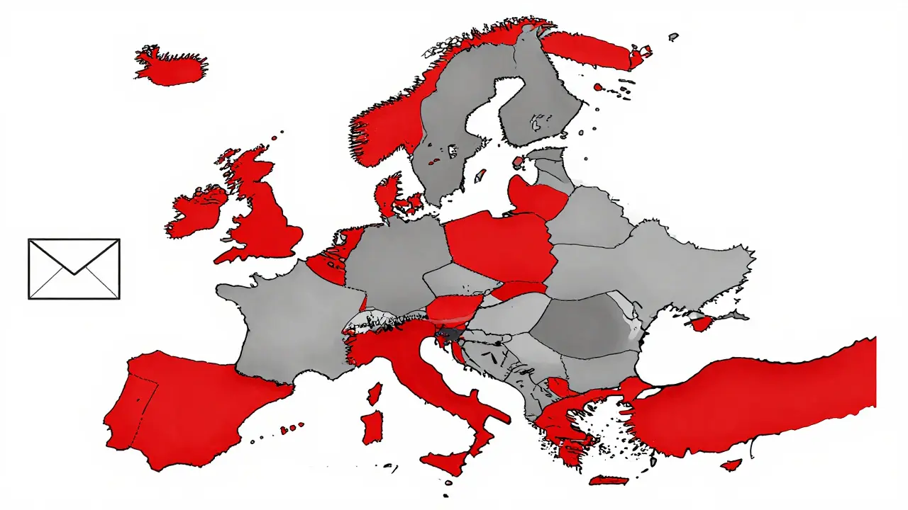 Mappa stilizzata dell'Europa che mostra i paesi aderenti e non aderenti al sistema Carta Verde.