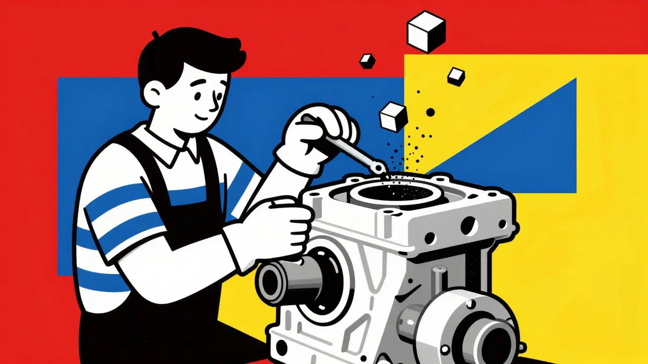 Meccanico che smonta la valvola EGR, con particelle di carbonio che diventano cubi bianchi.