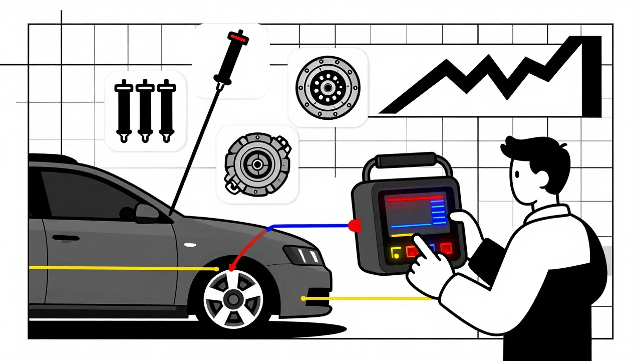 Meccanico che usa un diagnosticatore per rilevare guasti nel cambio automatico con icone geometriche che segnalano problemi.