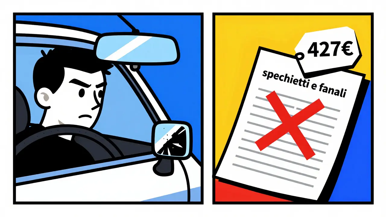 Proprietario di auto che guarda uno specchietto rotto accanto a un modulo di assicurazione con croce rossa, stile De Stijl.