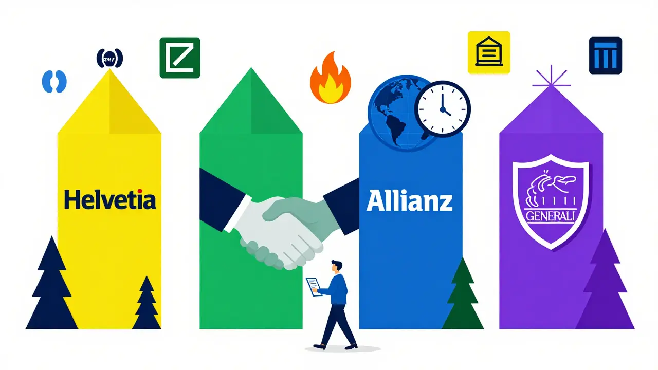 Quattro compagnie assicurative italiane rappresentate come torri geometriche colorate, con simboli che ne indicano le funzioni chiave.