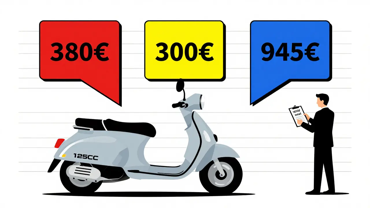 Scooter con blocchi di costo: assicurazione, manutenzione e carburante in stile geometrico.