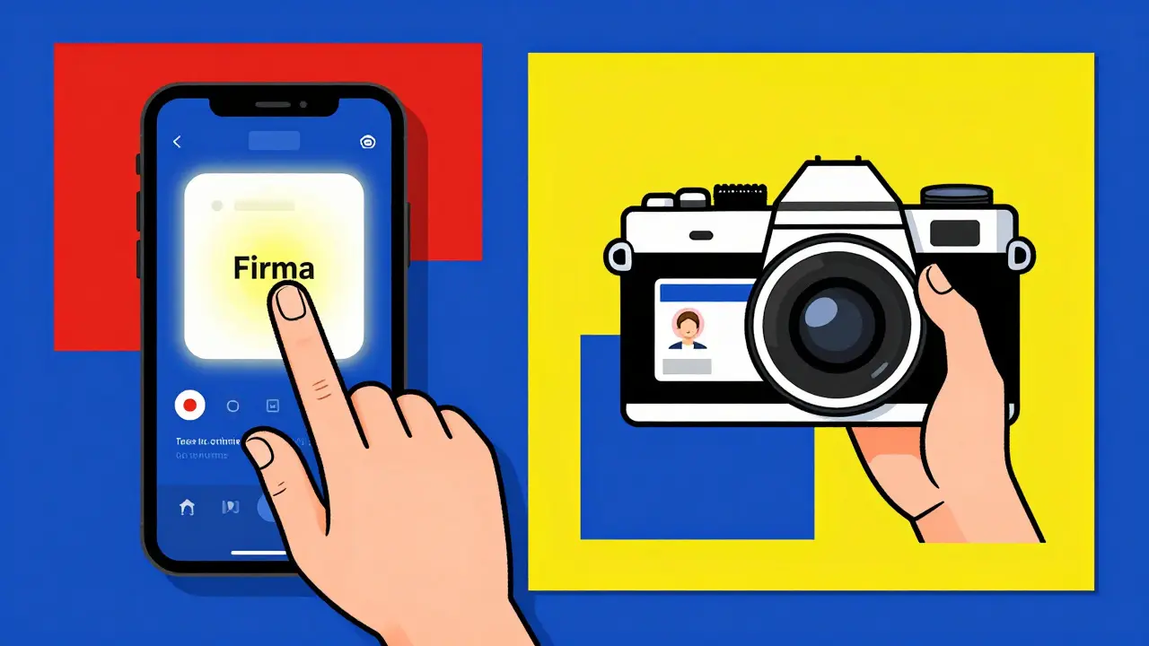 Smartphone che mostra l'interfaccia di firma digitale accanto a un riconoscimento video via webcam.