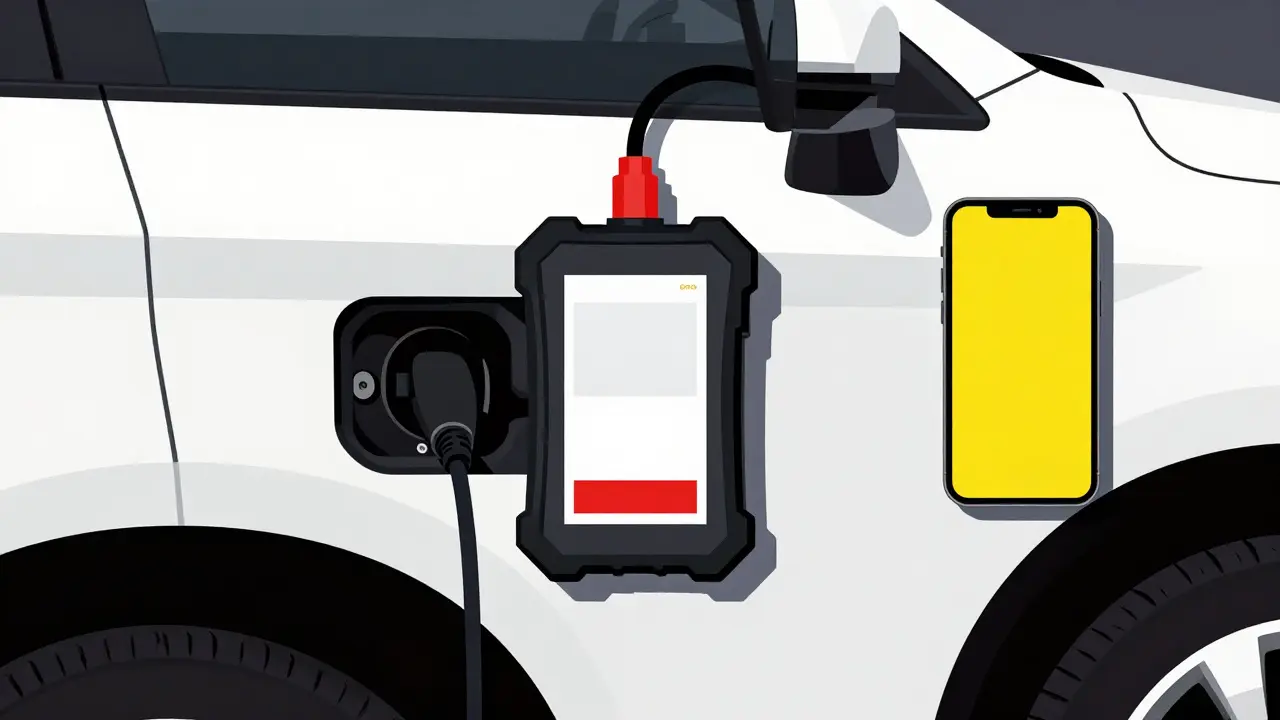 Strumento OBD2 collegato a una auto in stile De Stijl astratto.