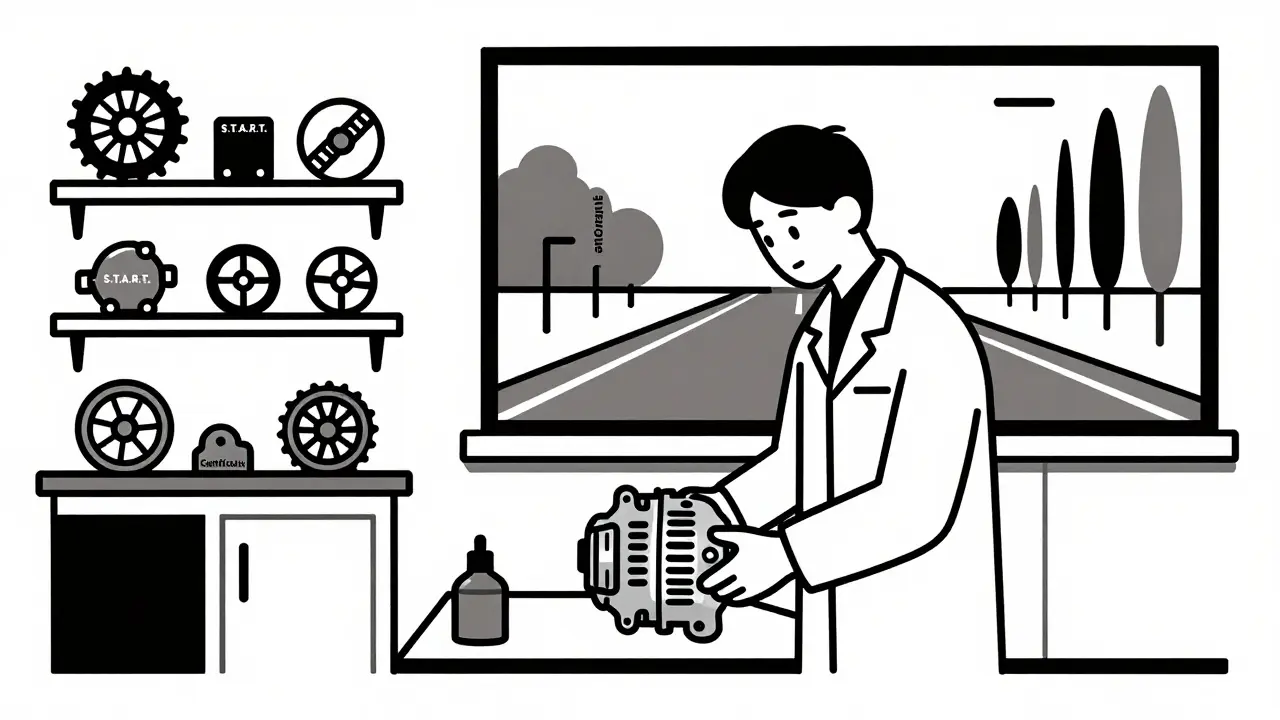 Technician installing a regenerated alternator in a workshop with certification labels and clean De Stijl architecture.