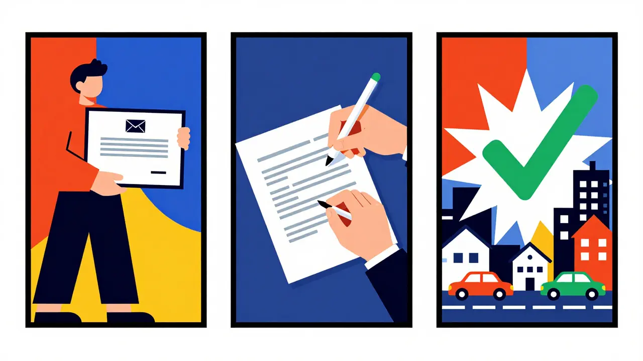 Timeline di tre fasi: ricezione, firma e attivazione di una polizza assicurativa in stile geometrico.