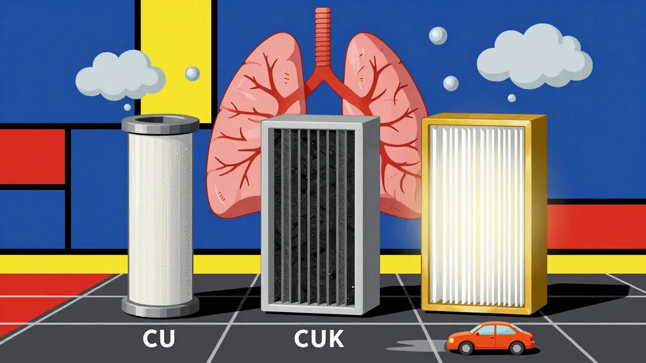 Tre tipi di filtri antipolline rappresentati come blocchi geometrici, con il premium che protegge polmoni e cervello in stile De Stijl.