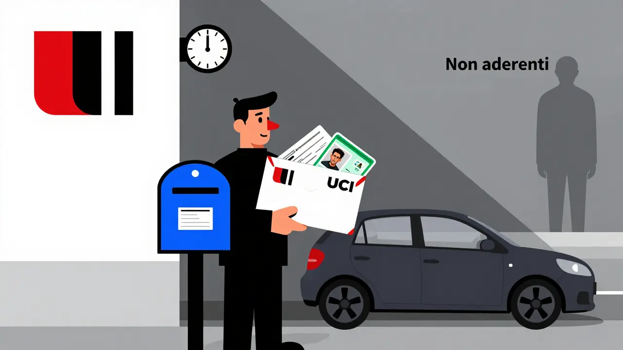 Un guidatore italiano invia la pratica all'UCI a Milano con documenti essenziali per il risarcimento.