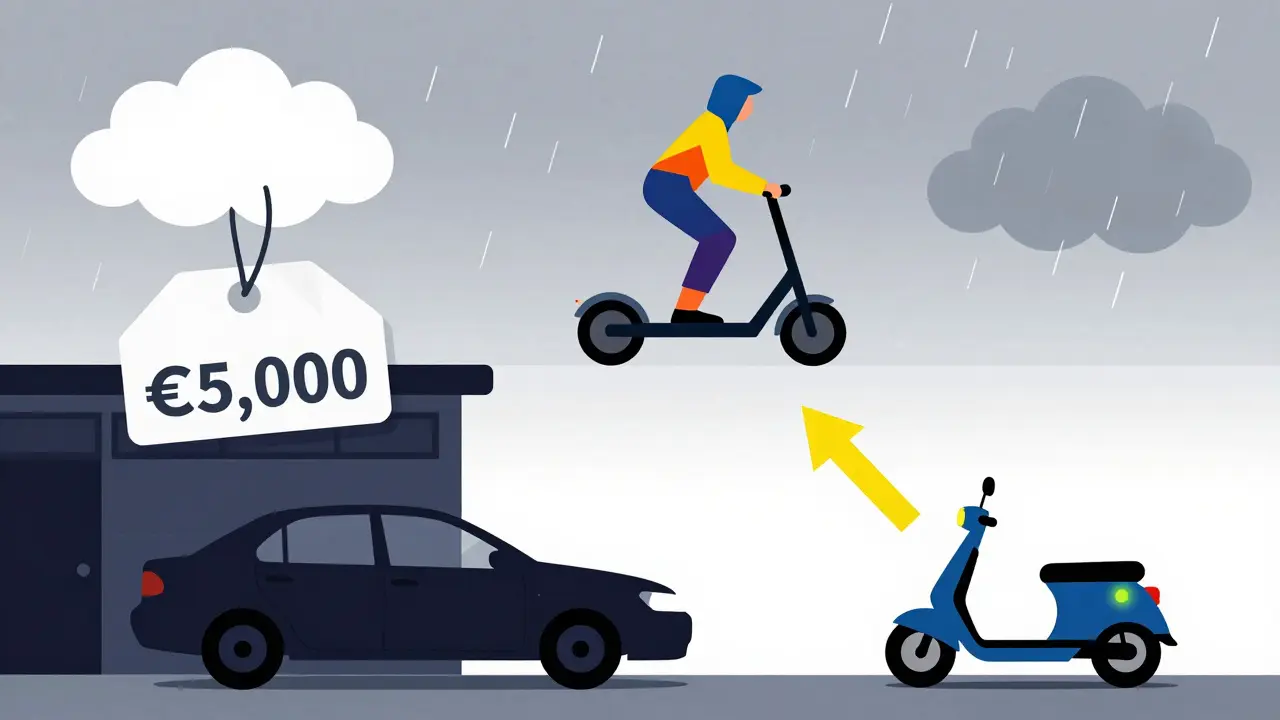 Un motociclista su uno scooter elettrico affronta la pioggia invernale, mentre un'auto parcheggiata ha un costo esorbitante.