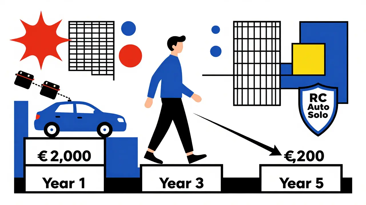 Un percorso a tre tappe che mostra la riduzione del costo dell'assicurazione auto con il tempo e una guida responsabile.