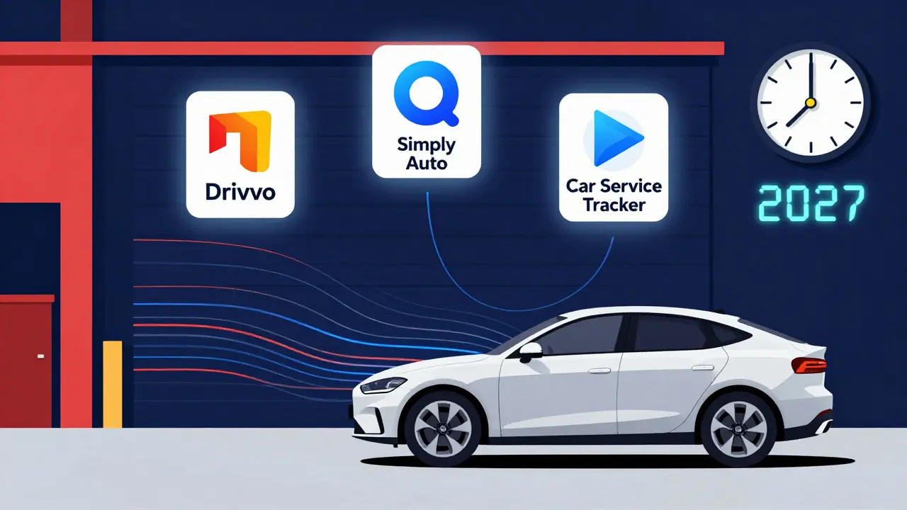 Una macchina invia dati verso tre icone app geometriche in stile De Stijl, con un orologio che segna il 2027 e l'automazione della manutenzione.