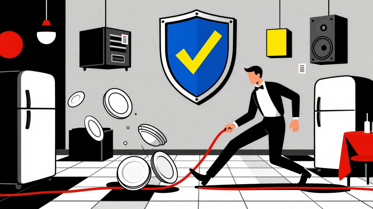 Cavo e piatti che cadono in una sala da pranzo, protetti da uno scudo giallo, stile De Stijl.