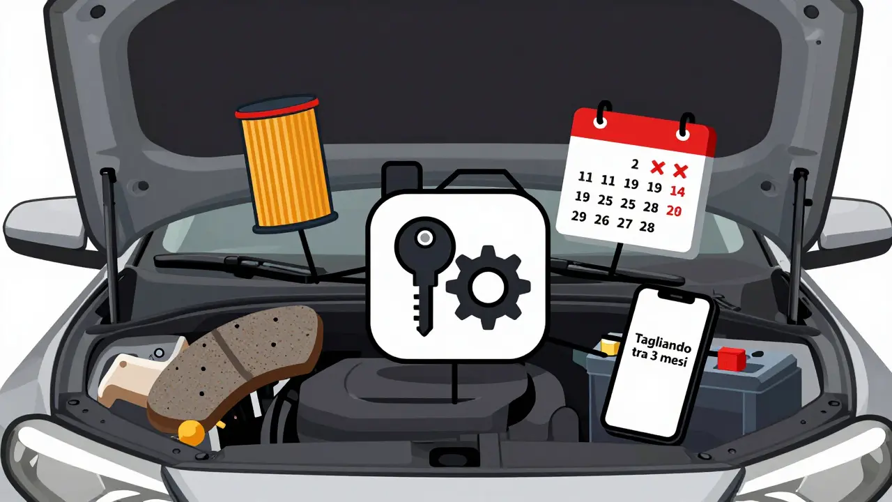 Componenti dell'auto in stile De Stijl collegati a una spia a forma di chiave e calendario.