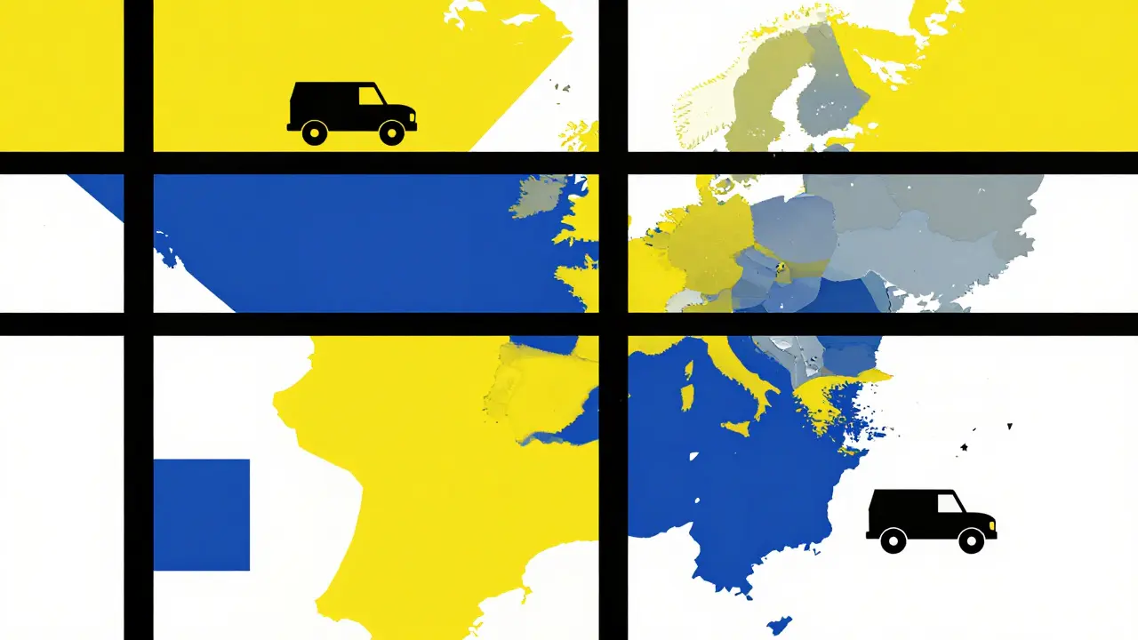 Confini internazionali come linee nere e campi di colore primario.
