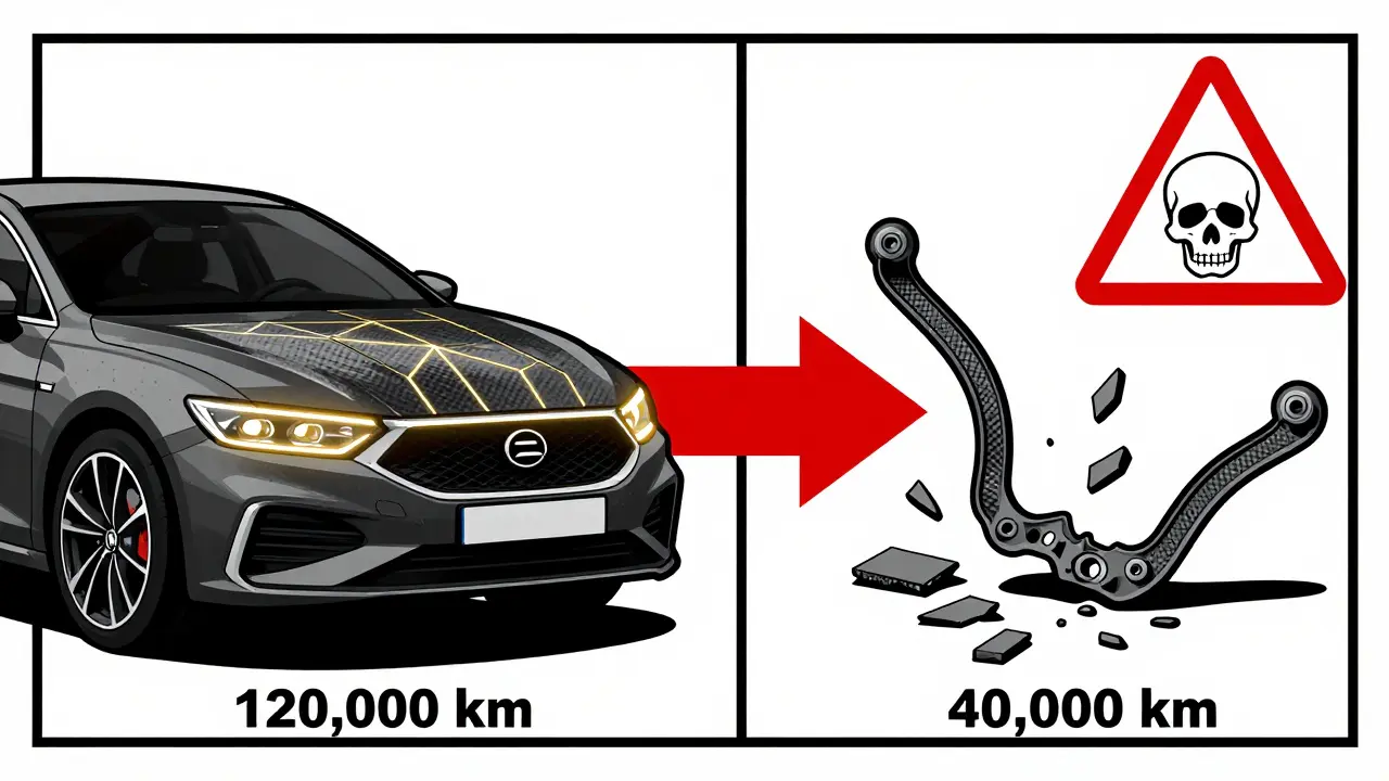 Confronto tra una guarnizione di grafene duratura e una economica che si rompe, in stile geometrico De Stijl.