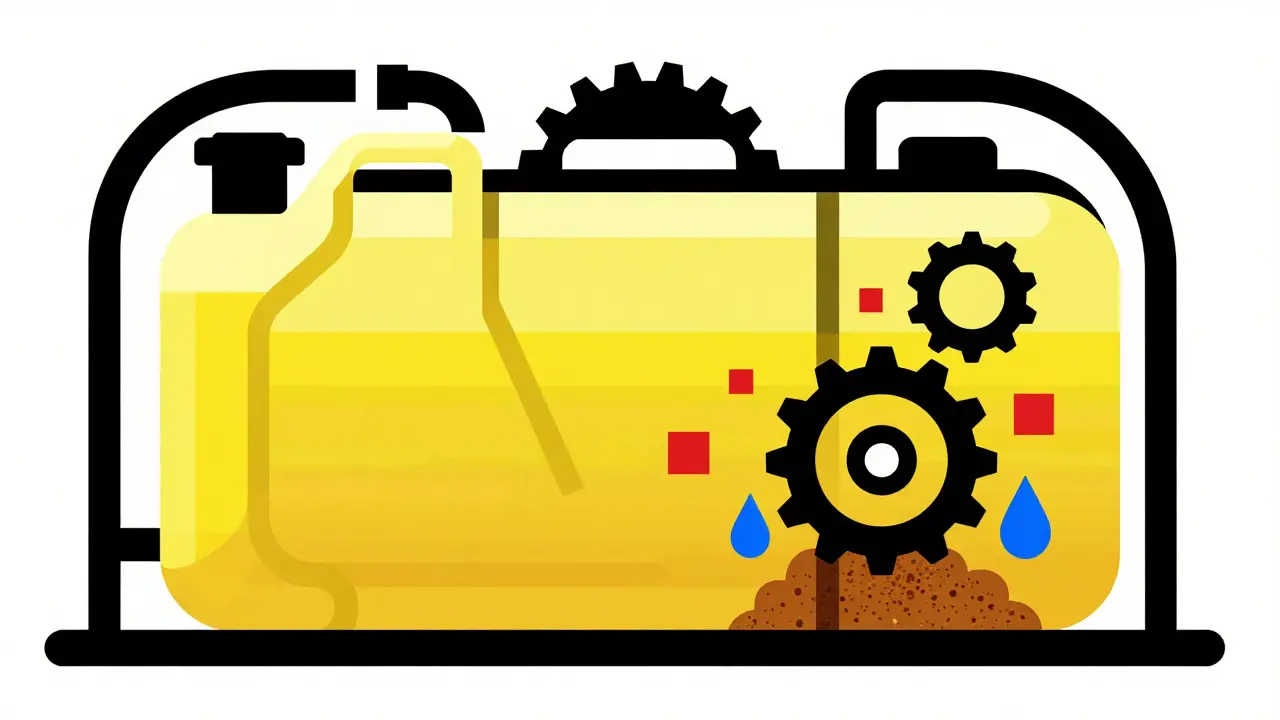 Contaminazione nel serbatoio con particelle rosse e blu