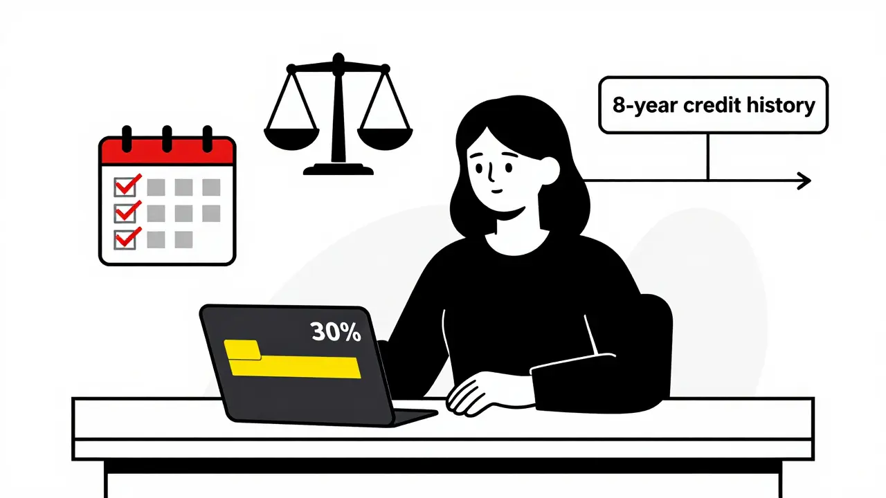 Donna con carta di credito al 30% di utilizzo e storia creditizia lunga in stile De Stijl.