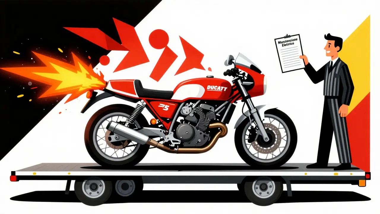 Ducati d'epoca in trasporto con un incendio stilizzato e un meccanico che controlla l'impianto elettrico.