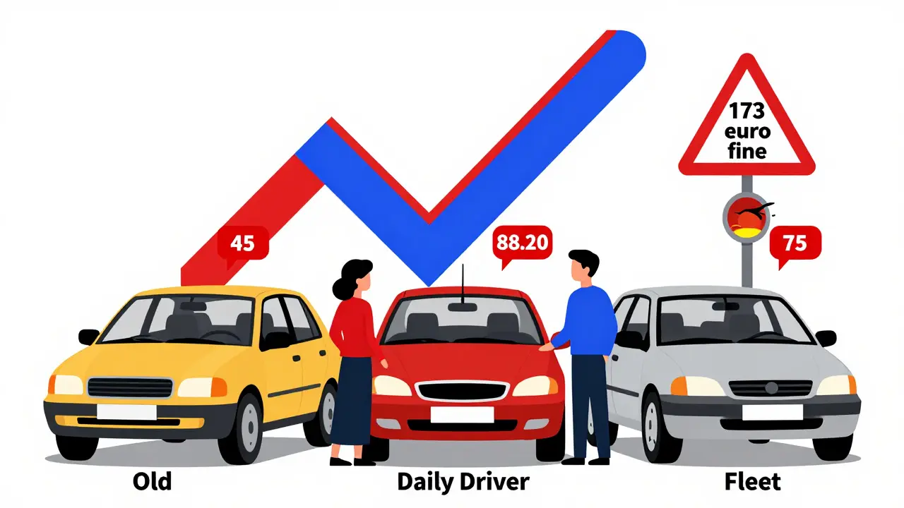 Famiglia con tre auto e prezzi diversi per revisione, con simboli di risparmio e multa in geometrico stile De Stijl.