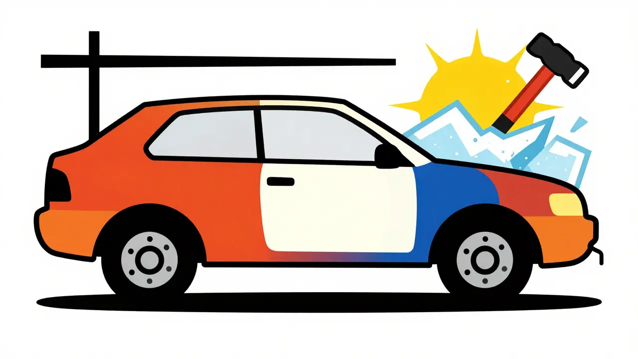 Freni e batteria corrosi in un'auto scomposta in forme geometriche, stile De Stijl.