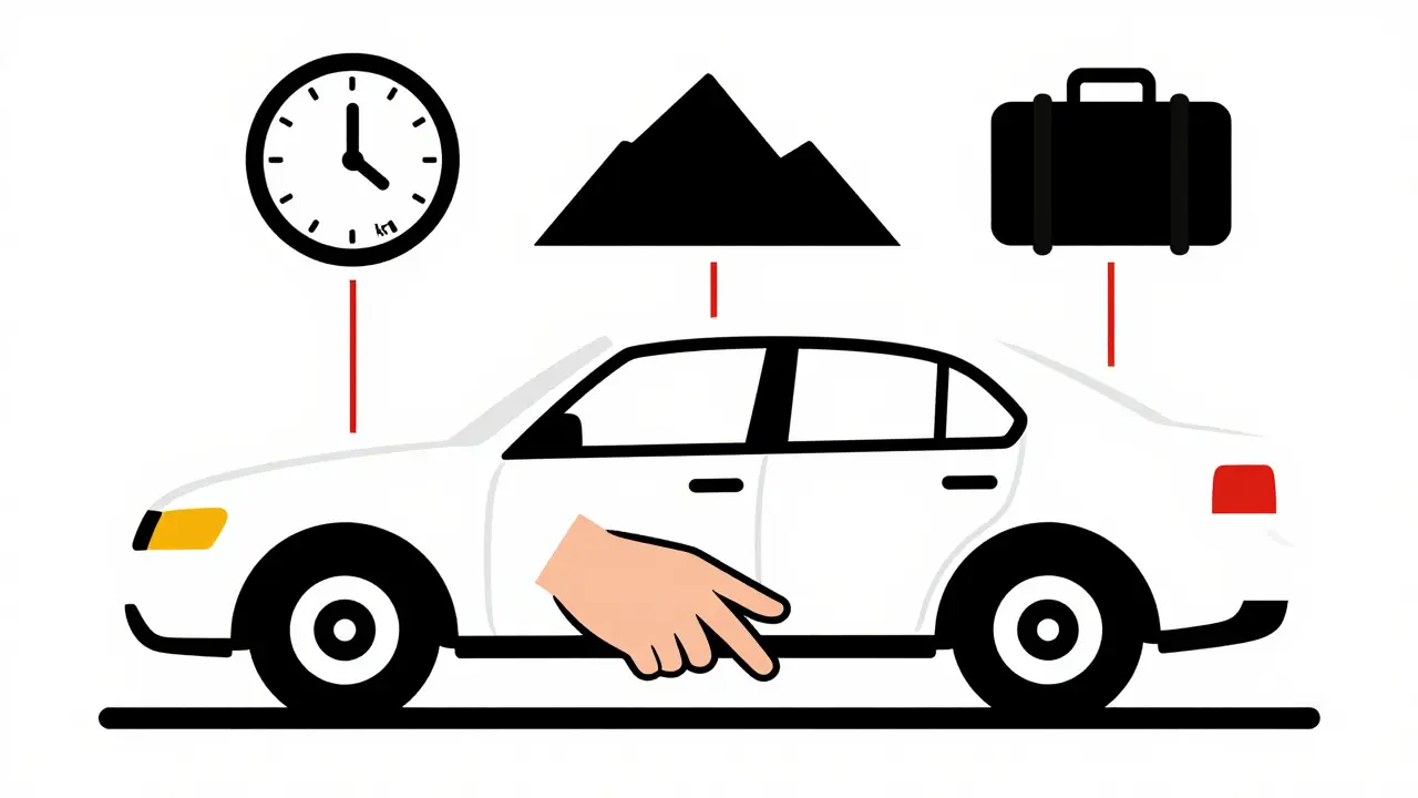Guidatore che frena con delicatezza, simboli che indicano carico, discesa e chilometraggio che influenzano i freni posteriori.
