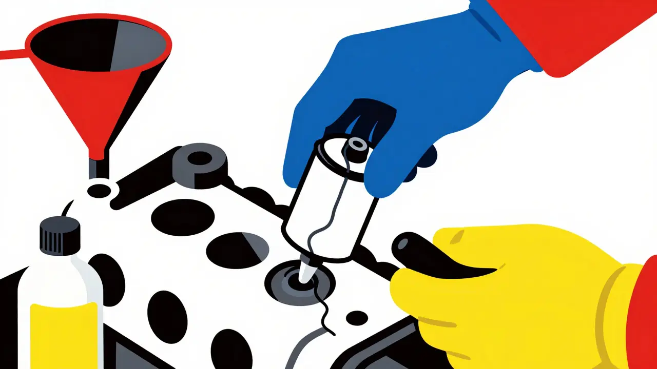 Mano che avvita il filtro dell'olio nuovo, imbuto e bottiglia di olio sullo sfondo.