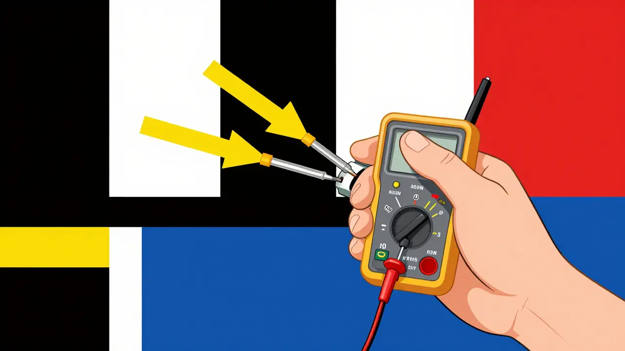 Mano che collega il multimetro a un cavo elettrico interrotto per misurare la corrente.