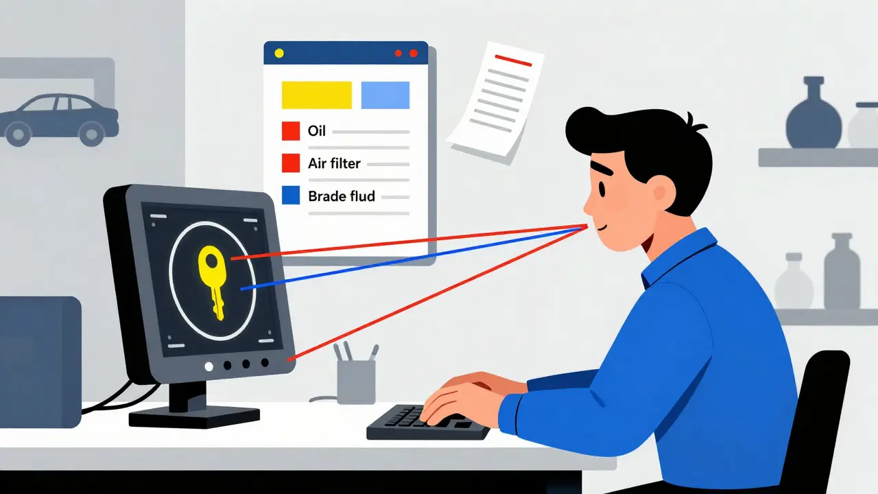 Meccanico che controlla l'auto con strumento diagnostico e spia della manutenzione accesa.