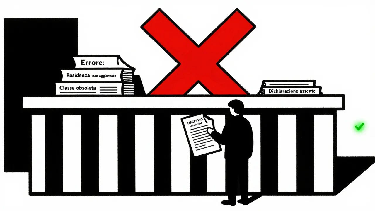 Persona davanti a sportello assicurativo con rifiuti e un unico documento mancante