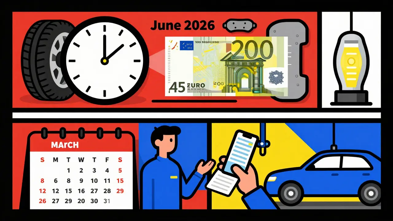 Rappresentazione stilizzata dell'aumento del costo della revisione auto nel 2026, con orologio, componenti auto e scontrino digitale in stile De Stijl.