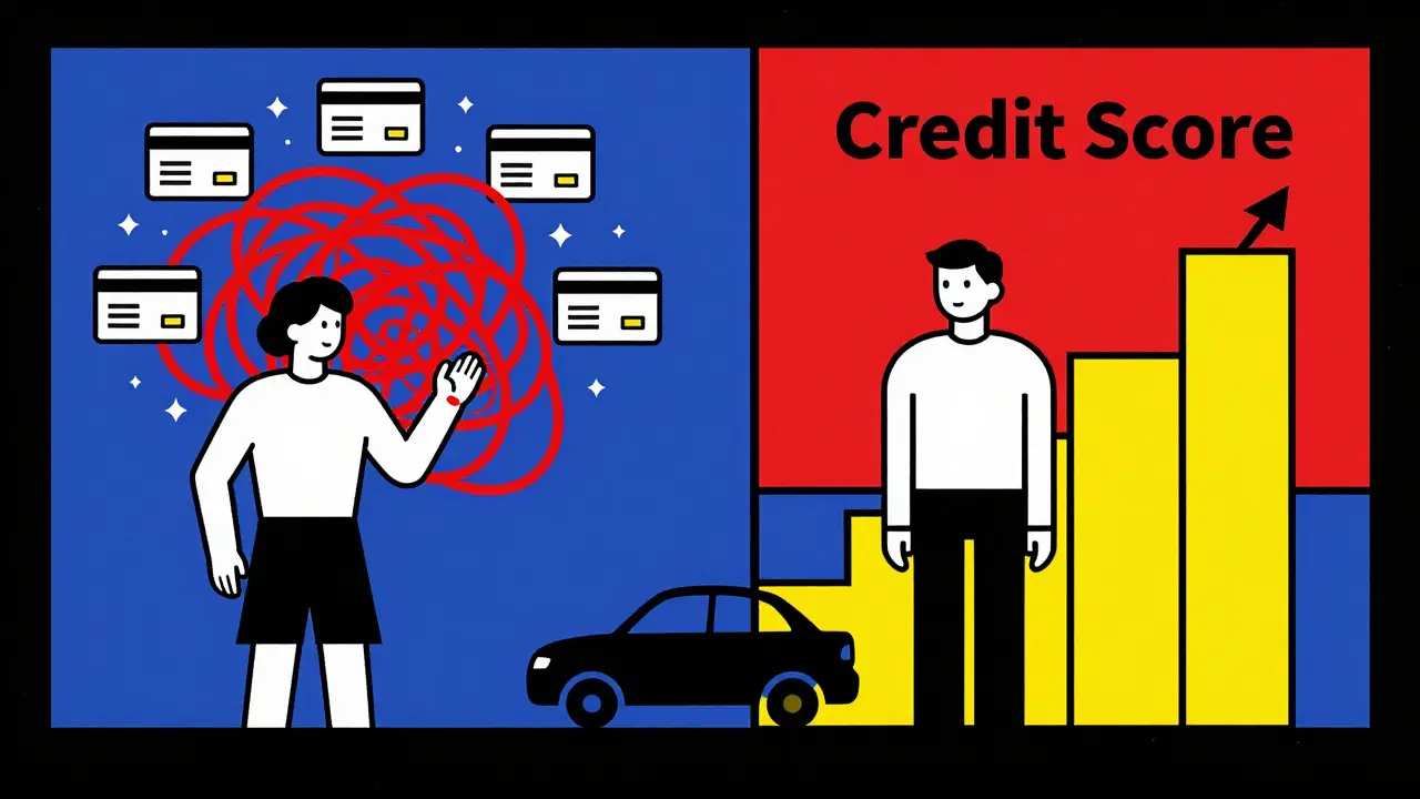 Scena divisa: caos finanziario a sinistra, chiarezza e punteggio in aumento a destra in stile De Stijl.