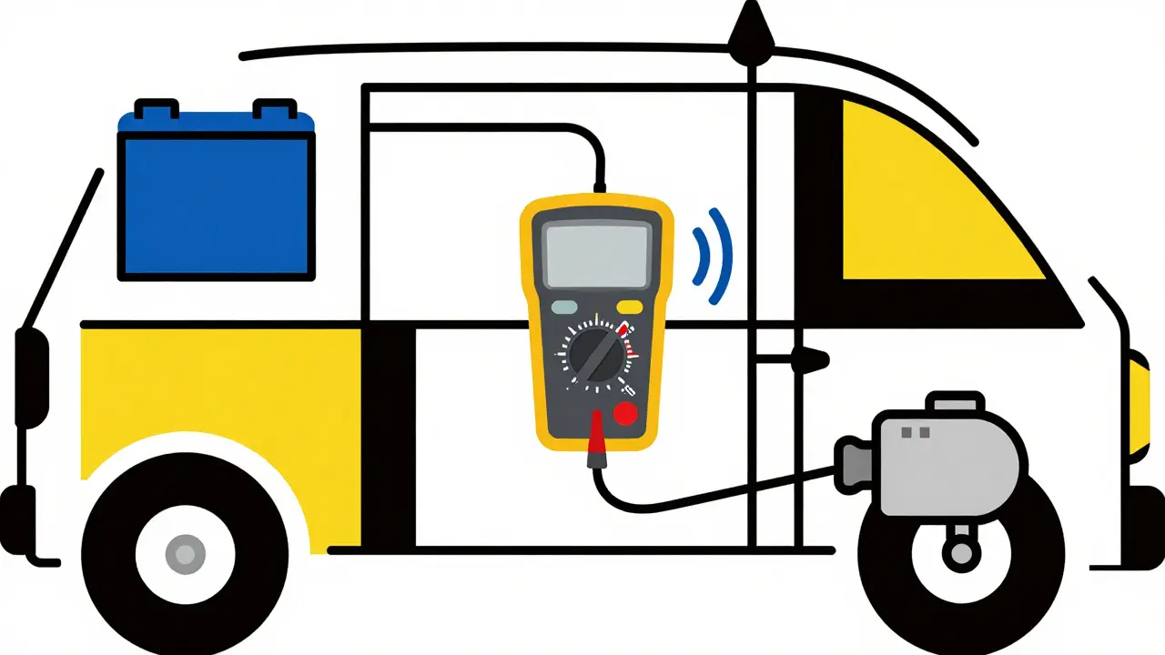 Sistema elettrico auto rappresentato come griglia geometrica con multimetro al centro.