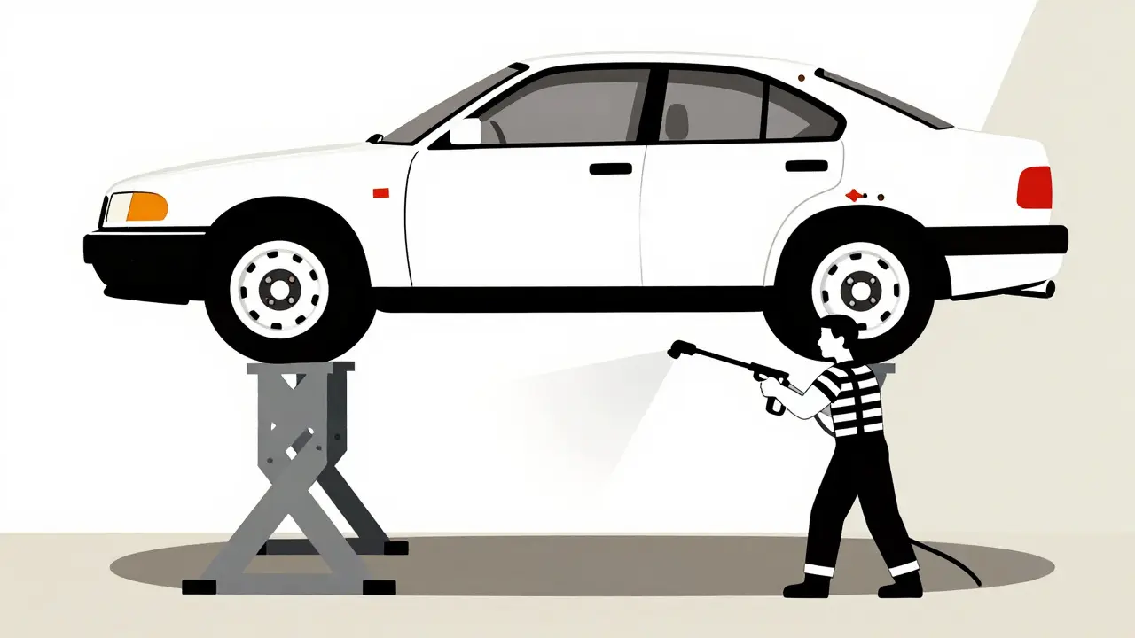 Sottoscocca di un'auto pulita con getto ad alta pressione, stile De Stijl.