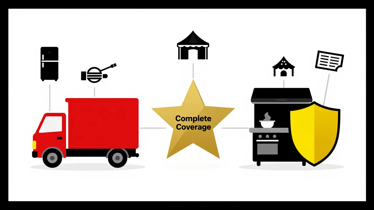 Tre moduli collegati a una stella centrale che rappresenta la copertura assicurativa completa, stile De Stijl.