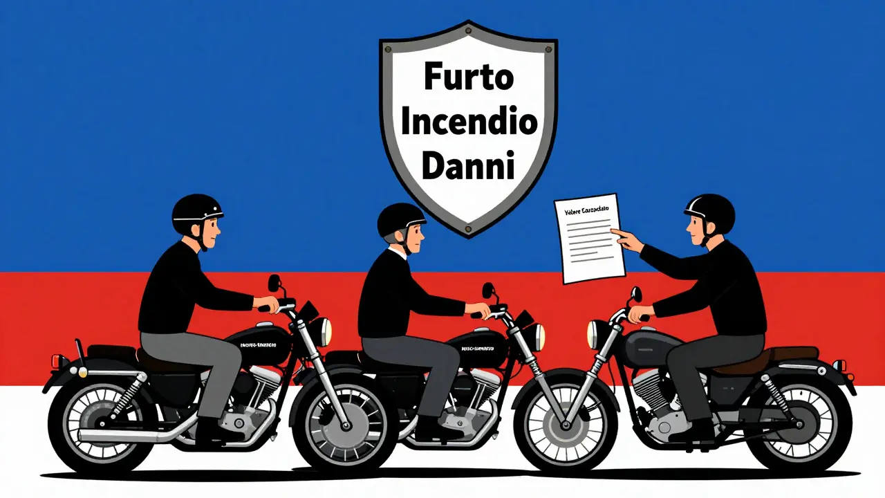 Tre motociclisti con una moto d'epoca e uno scudo con le tre coperture chiave in stile De Stijl.