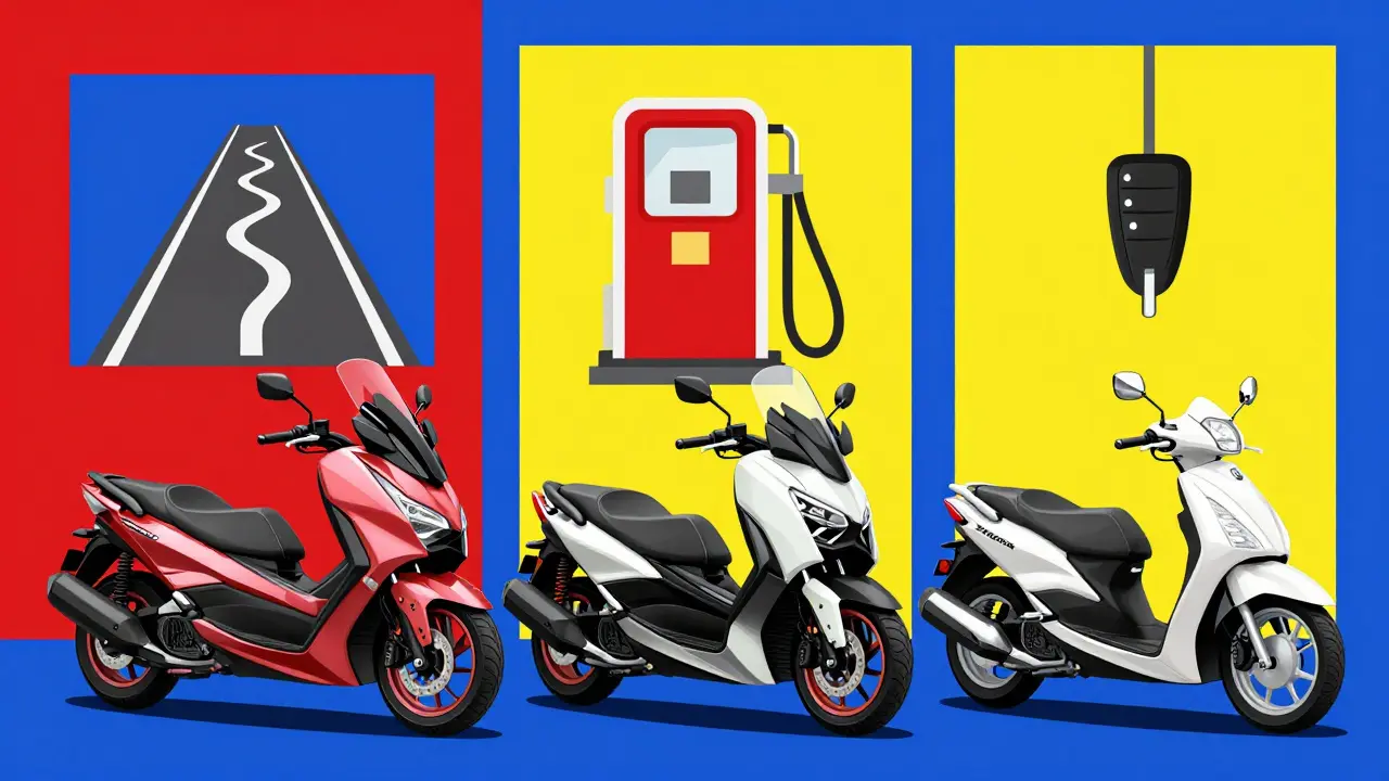 Tre scooter iconici in stile De Stijl, ognuno con simboli dei suoi vantaggi.