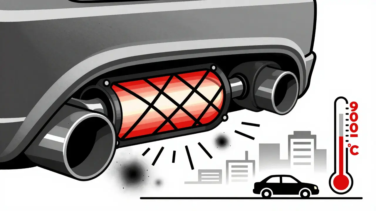Un giunto motore-scappamento con fuliggine a forma di rettangoli e un termometro che indica 900°C in stile De Stijl.