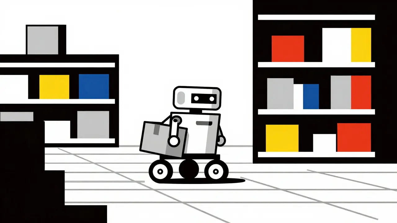 Un robot autonomo si muove nell'officina trasportando materiali.