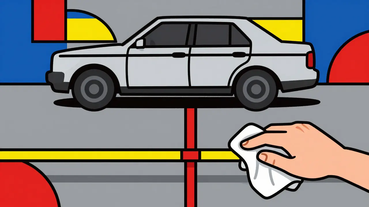 Una mano che pulisce l'asta dell'olio su una superficie piana, con le tacche MIN e MAX visibili chiaramente.