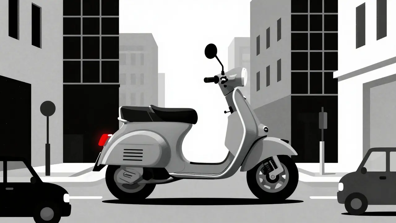 Uno scooter in una via cittadina stretta, con sella alta e dimensioni ingombranti.